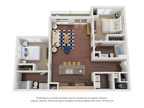 Floor plan for 2 beds, 2 baths, 1063 sqft